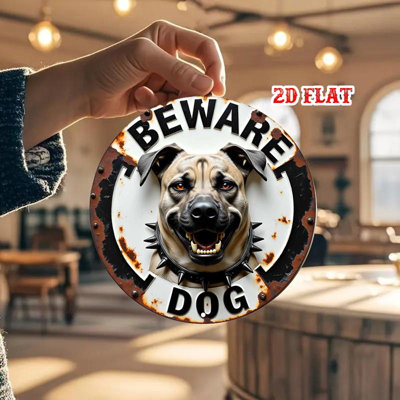 D Flat pc Beware Aluminum Metal Tin Sign Angry Mutt Round Aluminum Sign Guarding X Round Aluminum Sign
