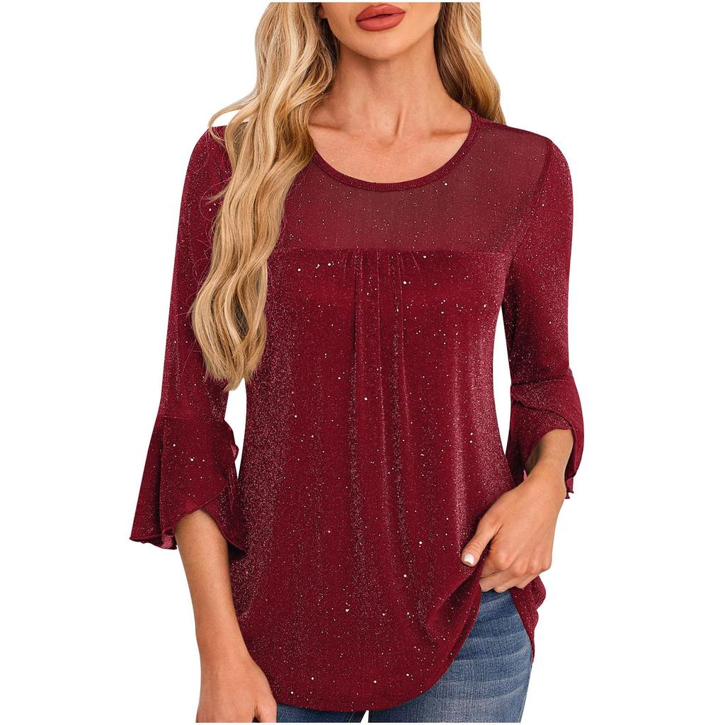 Women's Solid Color Seven Quarter Sleeved Shirt With Pleated Flared Sleeves And Round Neck Mesh Top