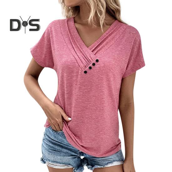 Женская футболка с V-образным вырезом, коротким рукавом, свободный крой, пуговицы, декор, однотонный пуловер, топы, повседневная одежда