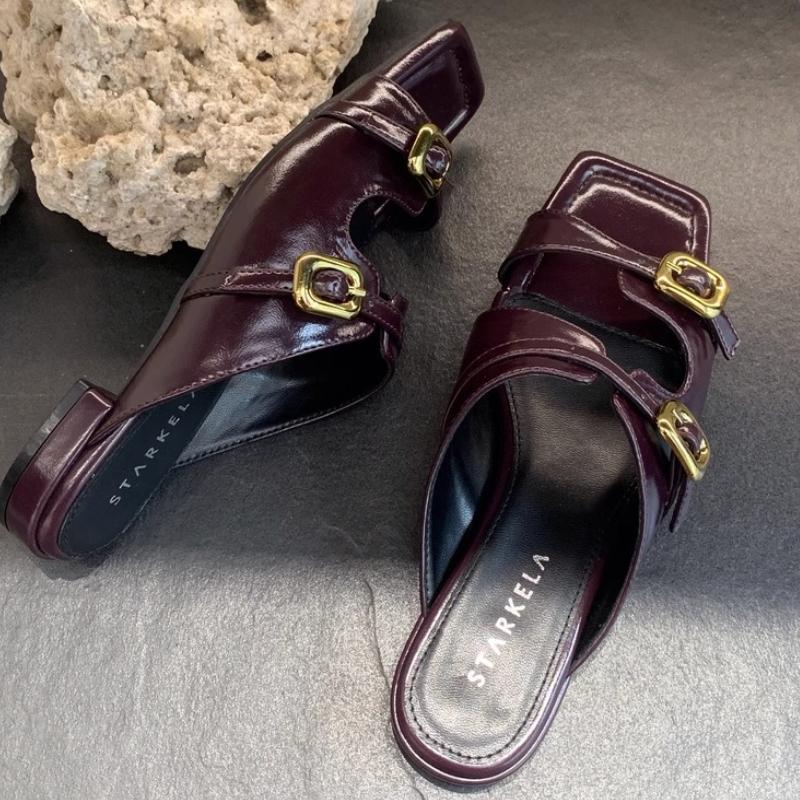 Fashion Metal Buckle Decoration Moccasin Low Heel Slippers Women Fashion Square Toe Open Toe Slide Sandals Casual Ladies Beach Sandals