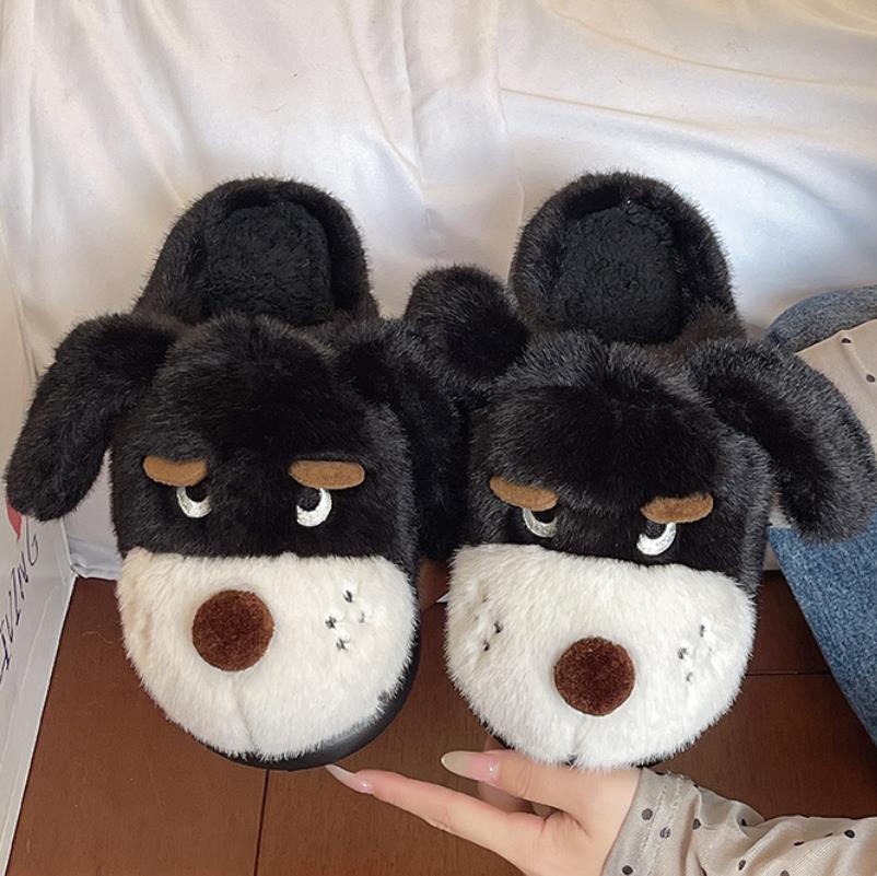 Модные домашние пушистые тапочки для женщин, зимняя обувь на платформе, милые мультяшные собаки, теплые плюшевые нескользящие хлопковые шлепанцы для девочек для дома