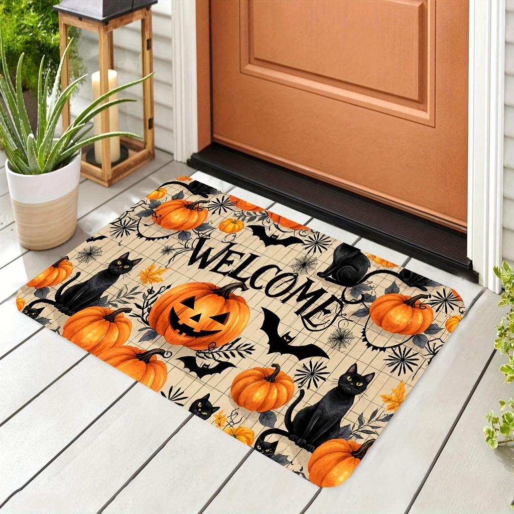 Halloween-Themed Door Mat with Pumpkin & Black Cat Design - Washable Polyester, Perfect for Entryway, Living Room