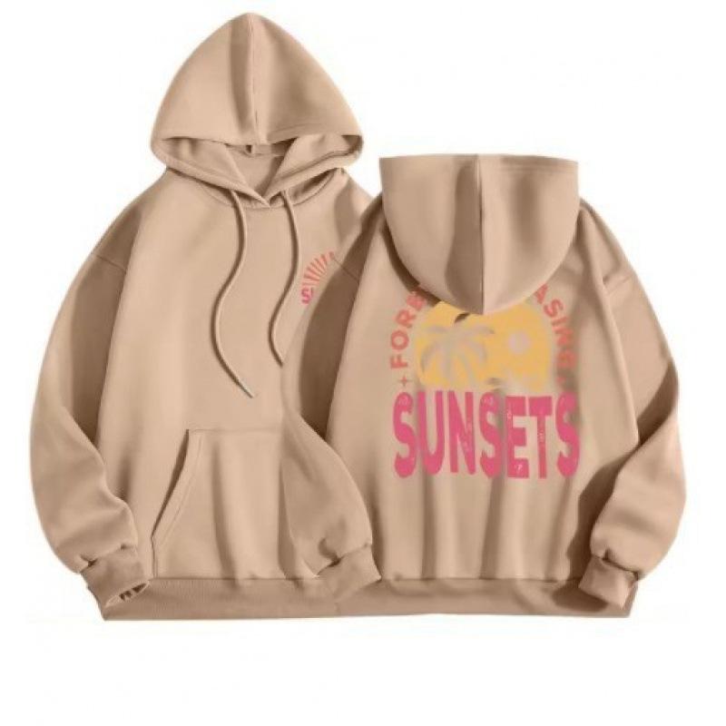 Women's Warm Casual Top Sunset Style Fashionable Printed Hoodie Back Letter Slogan Drawstring Hoodie