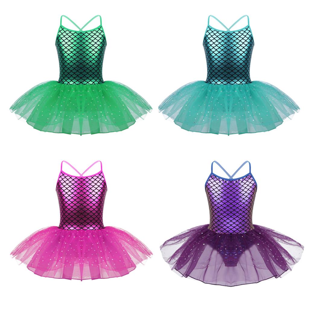 Детские купальники для девочек с рыбьей чешуей, блестящие бретели для гимнастики, балета, танцев, платье-пачка, костюм русалки