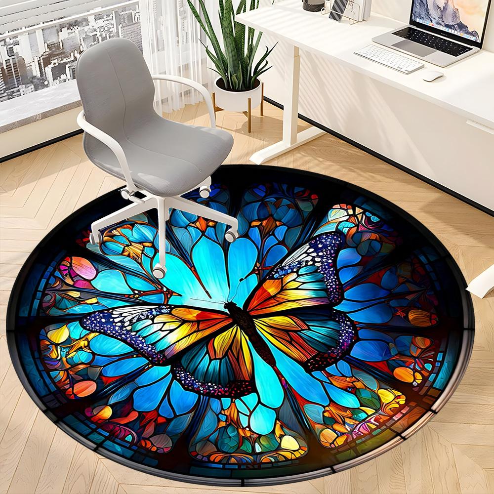 1PC Butterfly StainedGlass Office Round Area Rug, Mat Suitable ForOffice, Under Office Chairs Bedroom Living Room Home Decor, Room Deco