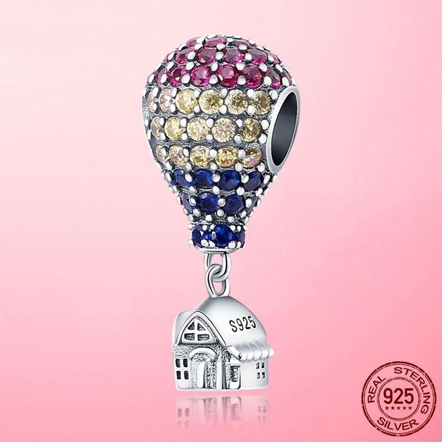 Travel Beads 925 Sterling Silver Pendant CZ Blue Pink Air Balloon Dangle Charm Fit Original Fashion Bracelet Fine Jewelry