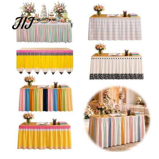 Pleated Table Skirting Pencil Pattern Skirt for Teacher Desk, Rectangle Tablecover with Hook Hospitality Loop Setup, Classroom Back to School Supplies