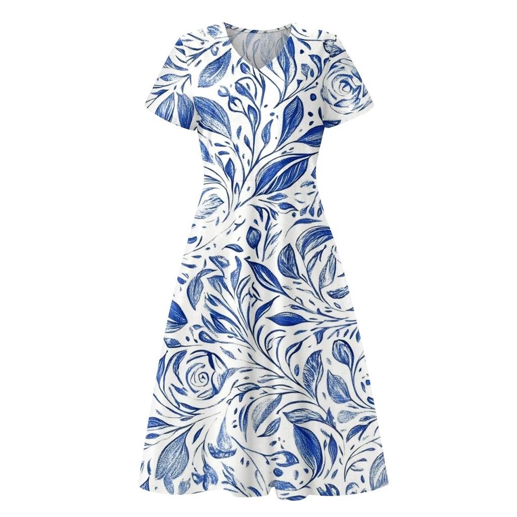 Женское летнее повседневное модное платье с принтом и карманом, коротким рукавом и V-образным вырезом