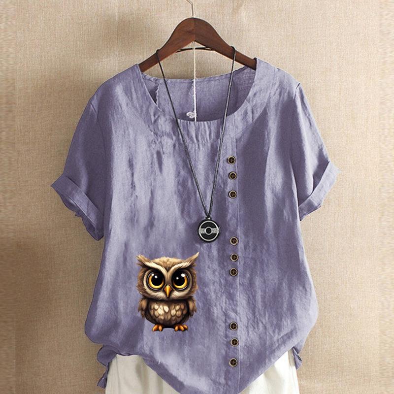 Women's Fashion Owl Prined Short Sleeve T-shirt Loose Cotton Shirt Casual Loose Summer Blouse Tops Plus Size