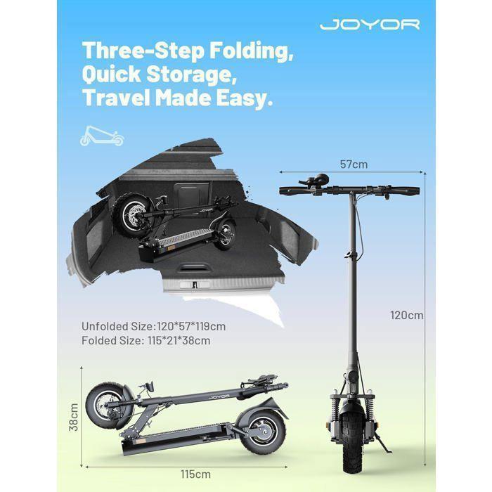 JOYOR Y8-S - Scooter électrique -- Moteur 500 W - Vitesse maximale 20 km/h - Batterie 48 V-26 Ah - Noir