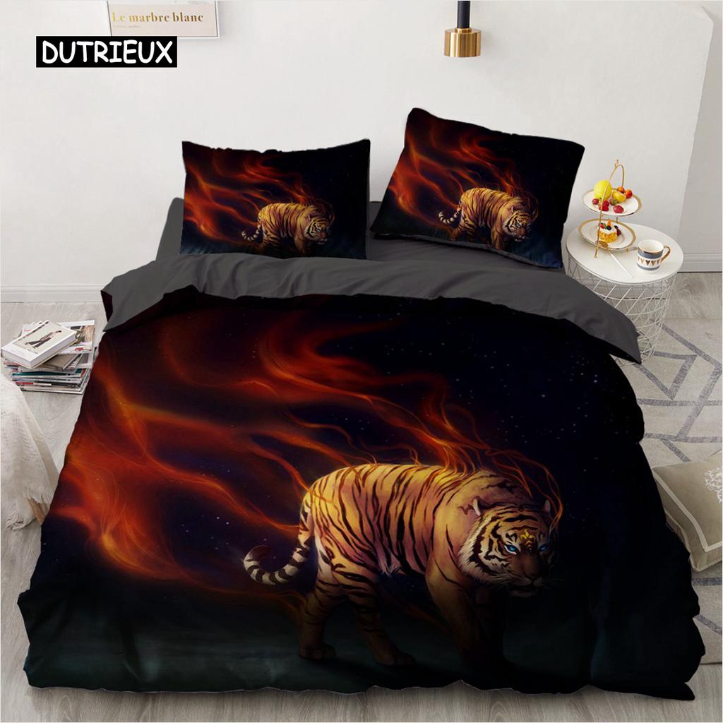 Комплект постельного белья 3D, черный пододеяльник, комплект стеганого одеяла, наволочка, размер King Queen, полиэстер с принтом тигра и животных