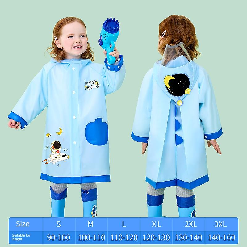 Children's Raincoat with Small Dinosaur Design for Boys and Girls, Daily Use, Wide Brim, Cartoon Print, Snap Buttons, Long Style, Hooded Rain Poncho