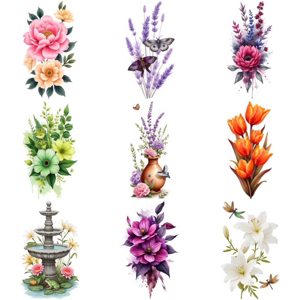 9 шт. Временные татуировки Наклейки с временными татуировками Лилии Георгины Цветущая сакура Для мужских бедер Рук