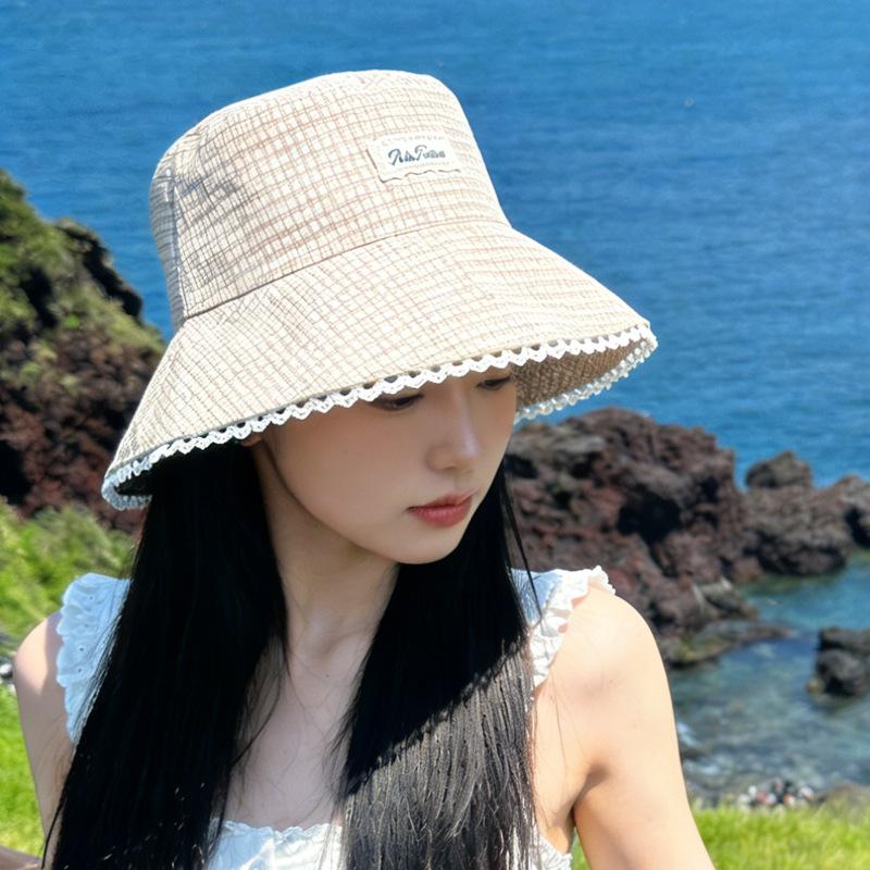 Hat women's summer lace plaid bucket hat outdoor travel sun protection sun hat show face small sun hat