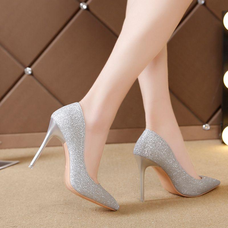 Модные женские туфли-лодочки на высоком каблуке с острым носком, серебристые женские туфли на каблуке, свадебные туфли для невесты, быстрая доставка, предложение E, весна, подлинная марка