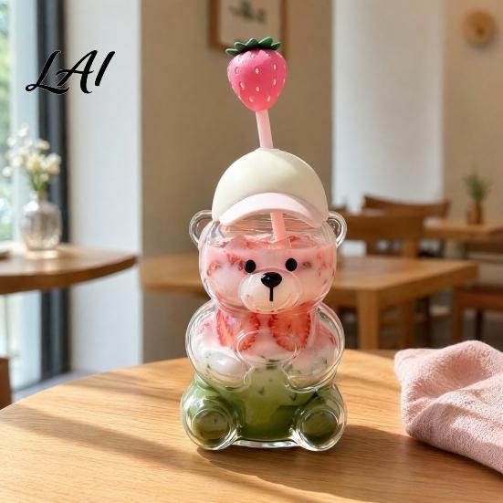Утолщенный прозрачный корпус стакана Милый стеклянный стакан с мишкой, соломинкой и крышкой 500/591 мл Пластиковая/стеклянная бутылка для воды с крышкой в виде бейсболки Узор для холодных/горячих напитков