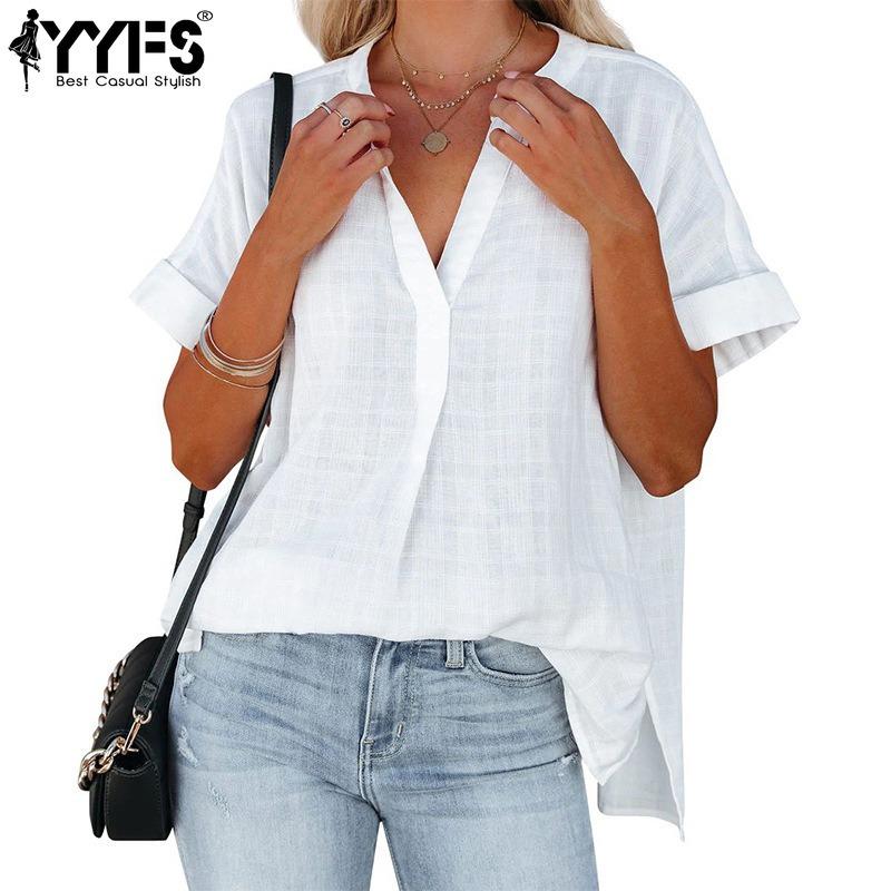 YYFS Women's Fashion Casual Summer Spring Solid Color Print Short Sleeve V-Neck Blouses & Shirts