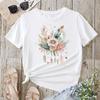 Flower Feather Print T Shirt Cotton Casual Short Sleeve Round Neck T Shirt Fashion Retro Spring Women's White Fashion T Shirt