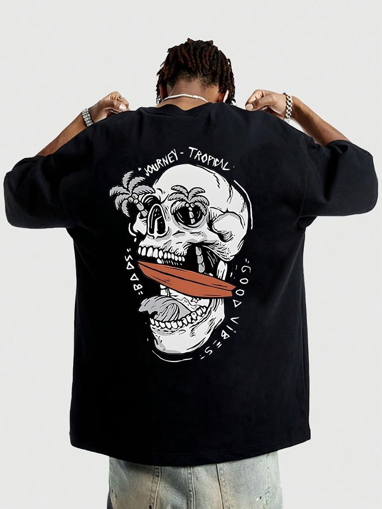 Летняя мужская футболка в американском стиле олдскул с принтом черепа, свободного кроя, дышащая, подходит для уличного кэжуал, универсальная