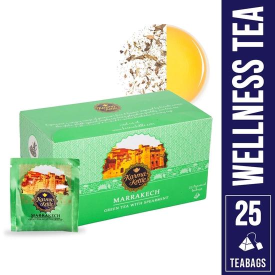 Karma Kettle Marrakech Authentic Moroccan Green Tea, Low Caffeine, High Antioxidants, with Spearmint - 25 Pyramid Teabags, 50 g