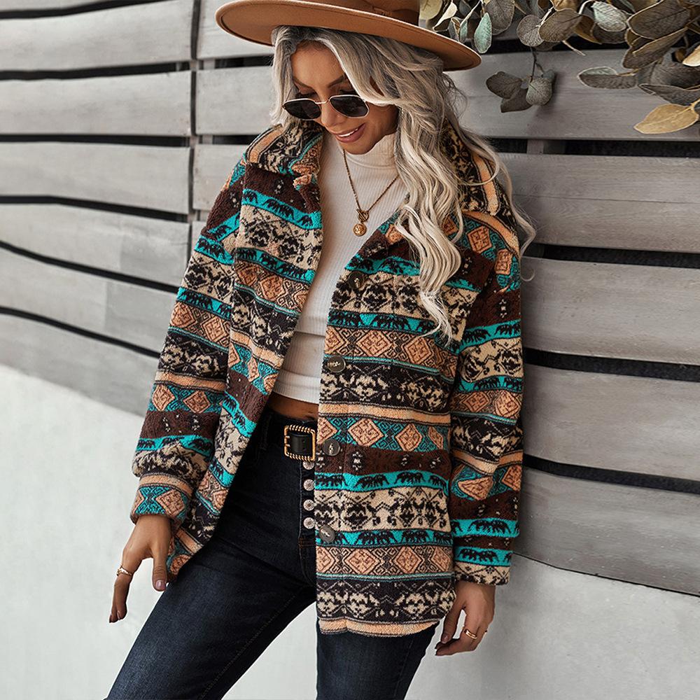 Женская длинная рукава лацкан свободного покроя ретро плюшевая куртка