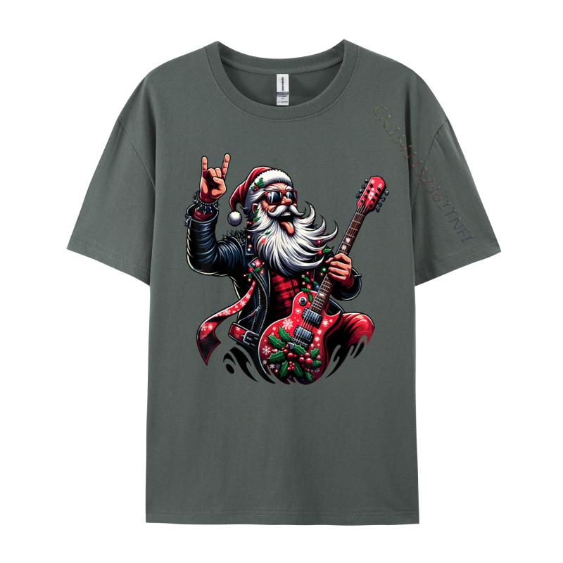 Rock Roll Christmas Santa Claus Guitar Player T-Shirts Autumn Soft Mens Tee Shirts Pure Cotton T Shirts