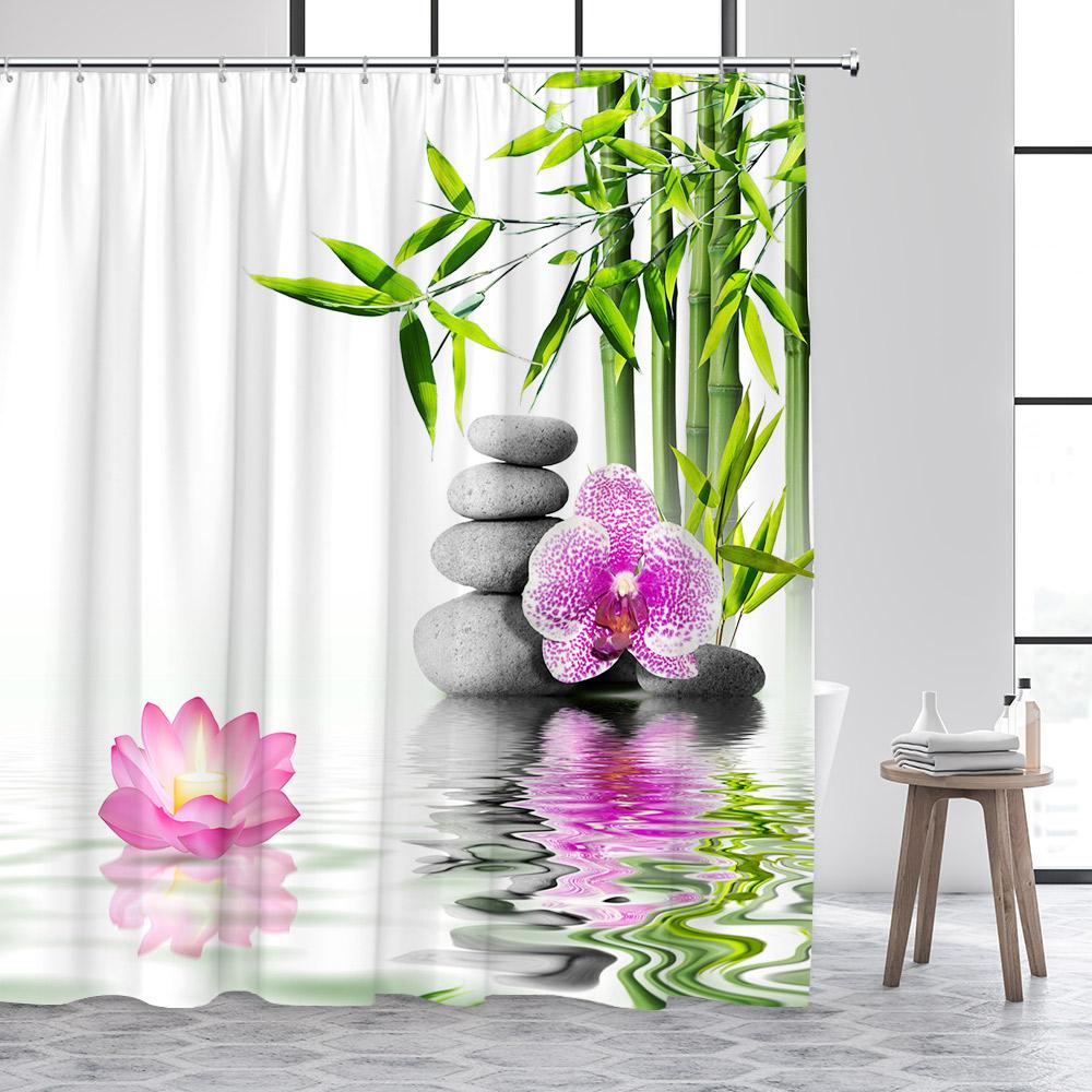 Дзен Занавеска для душа Зеленый бамбук Будда Розовая орхидея Лотос Лебедь Спа Природа Пейзаж Занавески для ванной Ткань Домашний декор с крючками