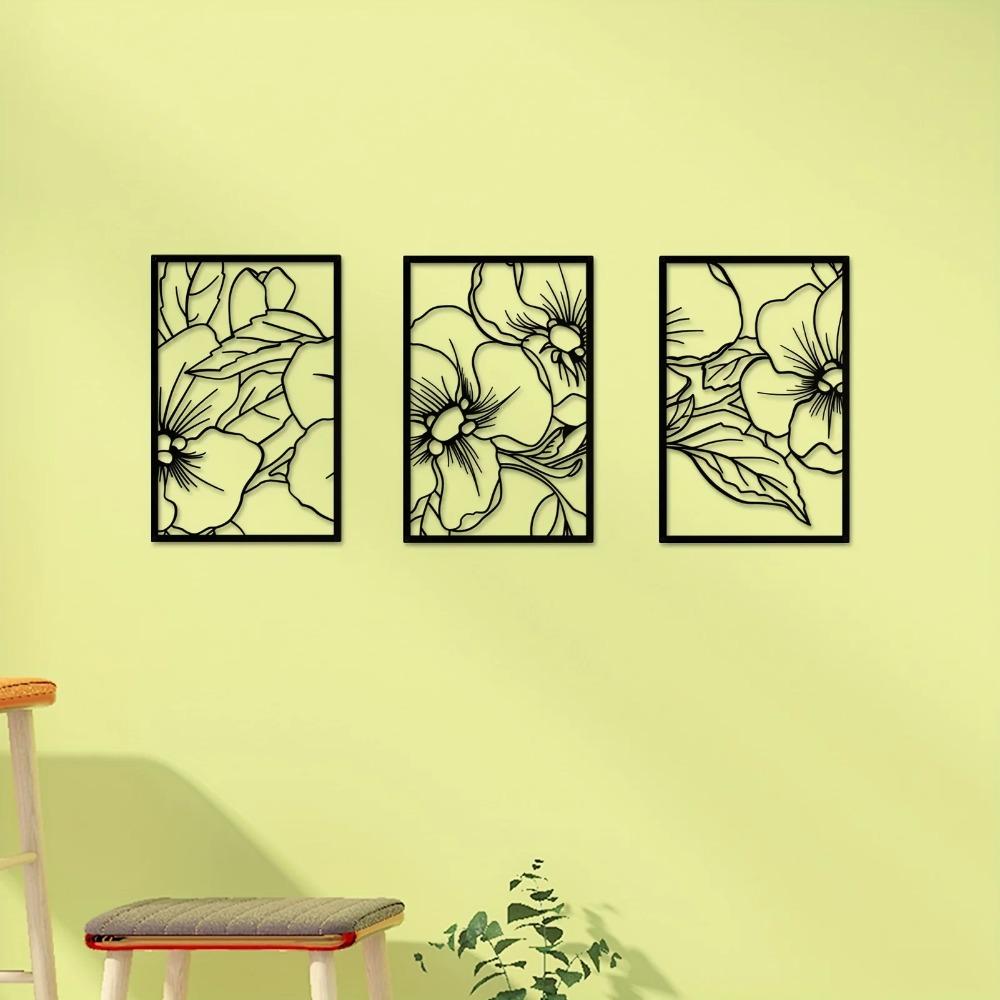 3-Piece Pear Flower Metal Wall Art Set - Black Square Modern Sculptures | Stylish Home Decor for Office, Kitchen, and Bathroom