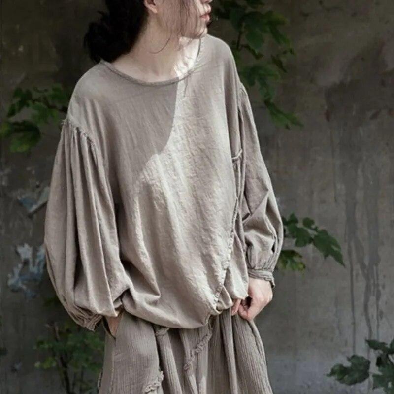 Johnature Women Vintage Lantern Sleeve T-Shirts Tees O-Neck Loose Solid Color Cotton Linen Clothes Autumn T-Shirts