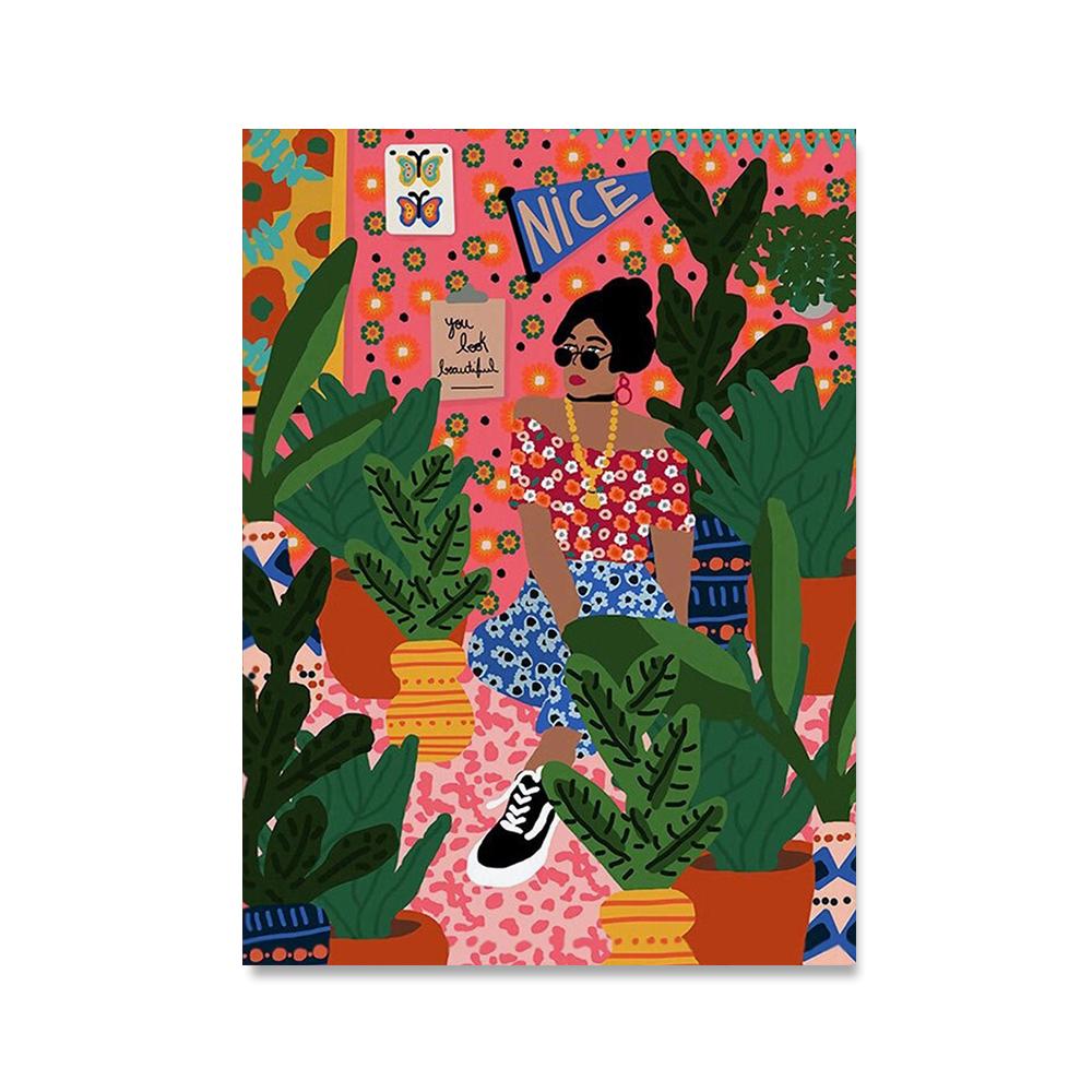 Абстрактная красочная модная девушка, растение, настенная живопись на холсте, скандинавский бохо, современный постер и принты, картина для декора гостиной