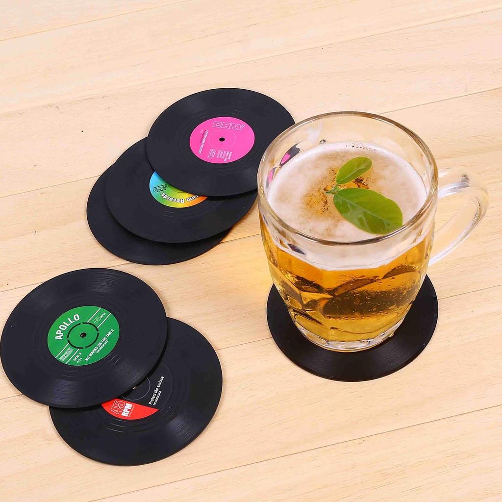 Coasters for Drinks with Gift Box - Set of 6 Colorful Retro Vinyl Record Disk Coasters with Funny Labels-Prevent Furniture from Dirty and