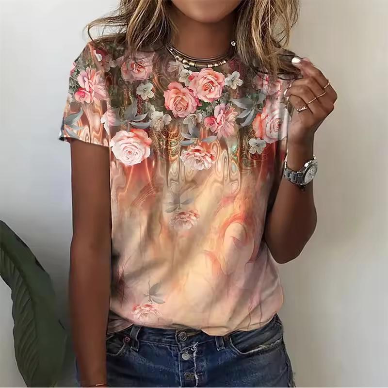 3D Printed Flower Plants T Shirt For Women Exquisite Graphic Short Sleeves Summer Street O-Neck Tees Tops Loose T-Shirts