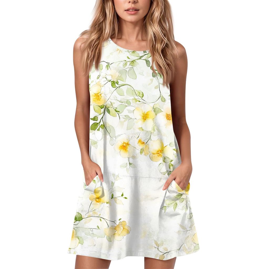 Женское летнее повседневное платье с круглым вырезом и принтом, платье без рукавов с карманами