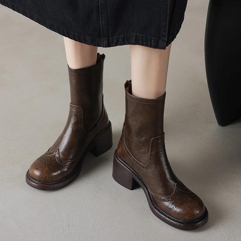 Fashion 2024 Winter Genuine Leather Women Boots Autumn Women Shoes Brogues Vintage Block Chelsea Boots Retro Ankl Boots