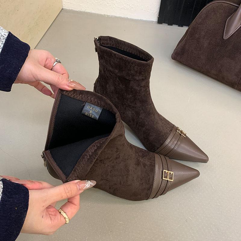 Fashion Fashion Thin Heels Ankle Modern Boots Shoes For Ladies Female Pointed Toe Footwear Flock Women Short Boots Zippers Shoes
