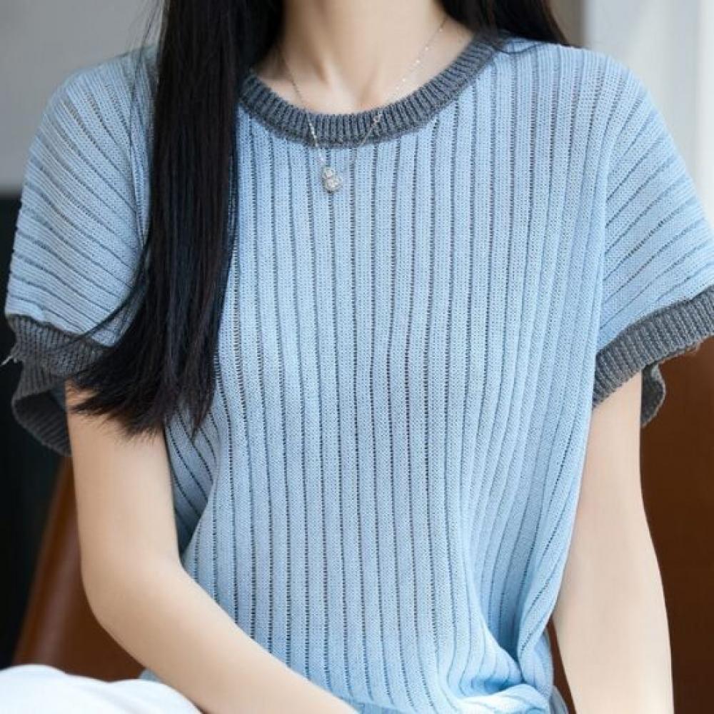 Navava Women S Cool baSic Ribbed Color Block Round Neck Short Sleeve Knit Tee Nk