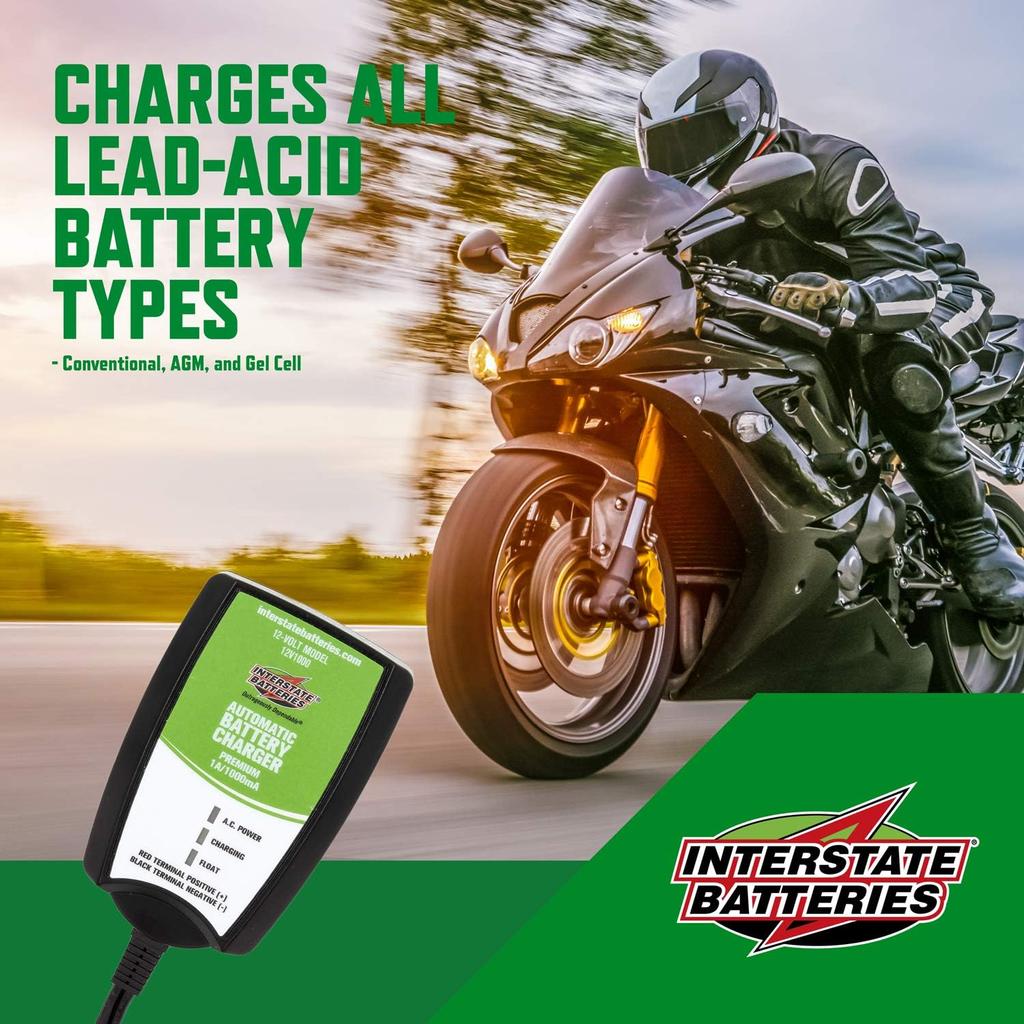 Interstate Batteries Powersports Battery Charger - 1.0 Amp - Sealed Lead Acid or AGM - Motorcycles, ATV, Marine, Snowmobiles, Lawnmowers, Scooters