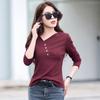 Весна Осень Футболка с V-образным вырезом Однотонная Женская С Длинным Рукавом Шикарные Пуговицы Пуловер Топ Женская Приталенная Базовая Футболка