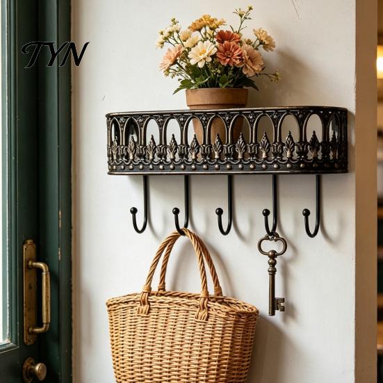 Space Saving Entryway Hooks Wall Mounted Floating Shelves, Metal Shelf with 5 Hooks, Key Holder Organizer for Bags And Hats Mail Organizer,