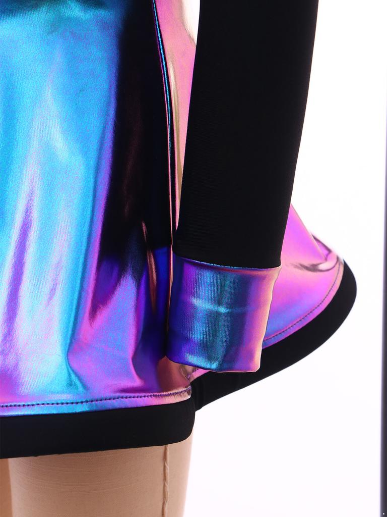 Детский костюм инопланетянки для девочек, пэчворк, металлический блеск, воротник-стойка, длинный рукав, застежка-молния сзади, платье со встроенными шортами