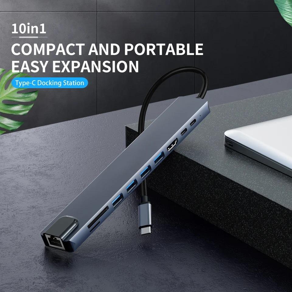 Многофункциональный адаптер 10-в-1 USB-C - HDTV с Ethernet 100M и USB-концентратором для мобильных устройств, ПК, игровых приставок