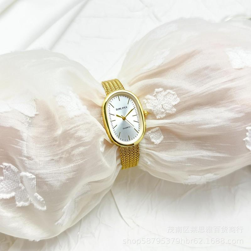 Sunlifex Small Oval Gold Wheat Band Minimalist Quartz Watch Women