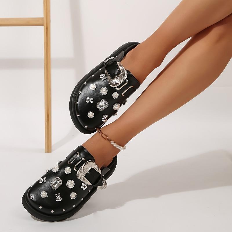 Women's Retro British-Inspired Platform Mules with Rivet Details - Slip-On, Round Toe, Faux Cover Casual Shoes
