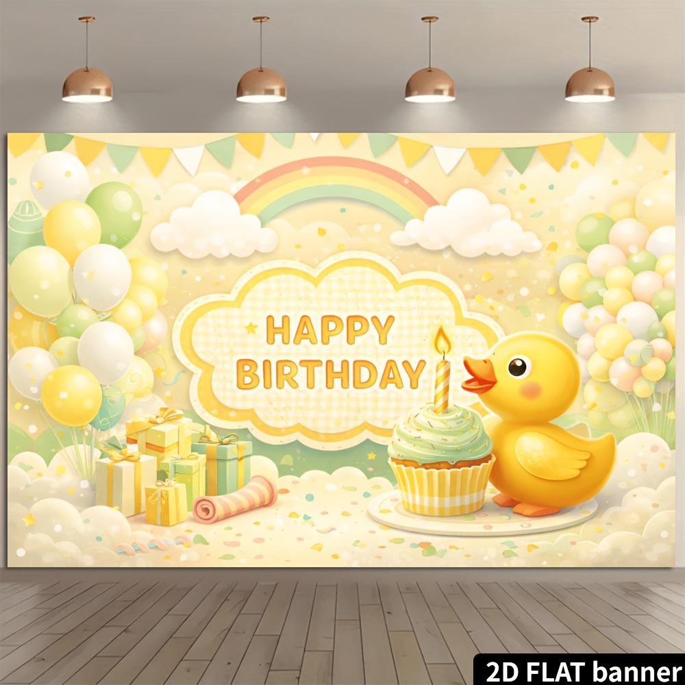 Yellow Duck Theme Birthday Backdrop, Cute Duck with Cupcakes, Gift Boxes and Rainbow Balloons, Fresh Macaron Tones, Durable Polyester, No