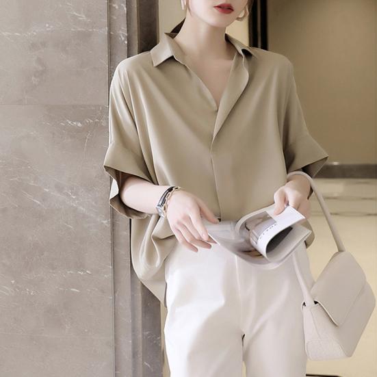 Women Summer Shirt Lapel Short Sleeve Solid Color Pullover Tops Loose Fit Thin Office Lady Shirt Workwear