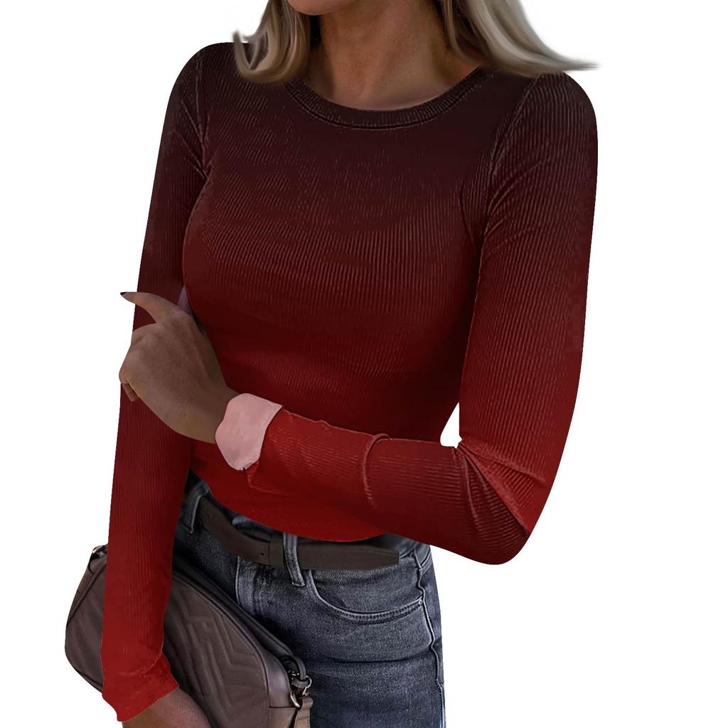 Women's  And Winter Slim Bottom T-shirt Fashion Casual Gradient Printing Round Neck Pullover Long Sleeve Top