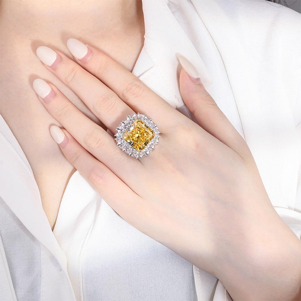 Fashion 18K Gold Plated 14*14MM Fancy Vivid Courndum Ring for Women Engagement Gift 925 Sterling Silver Fine Jewelry