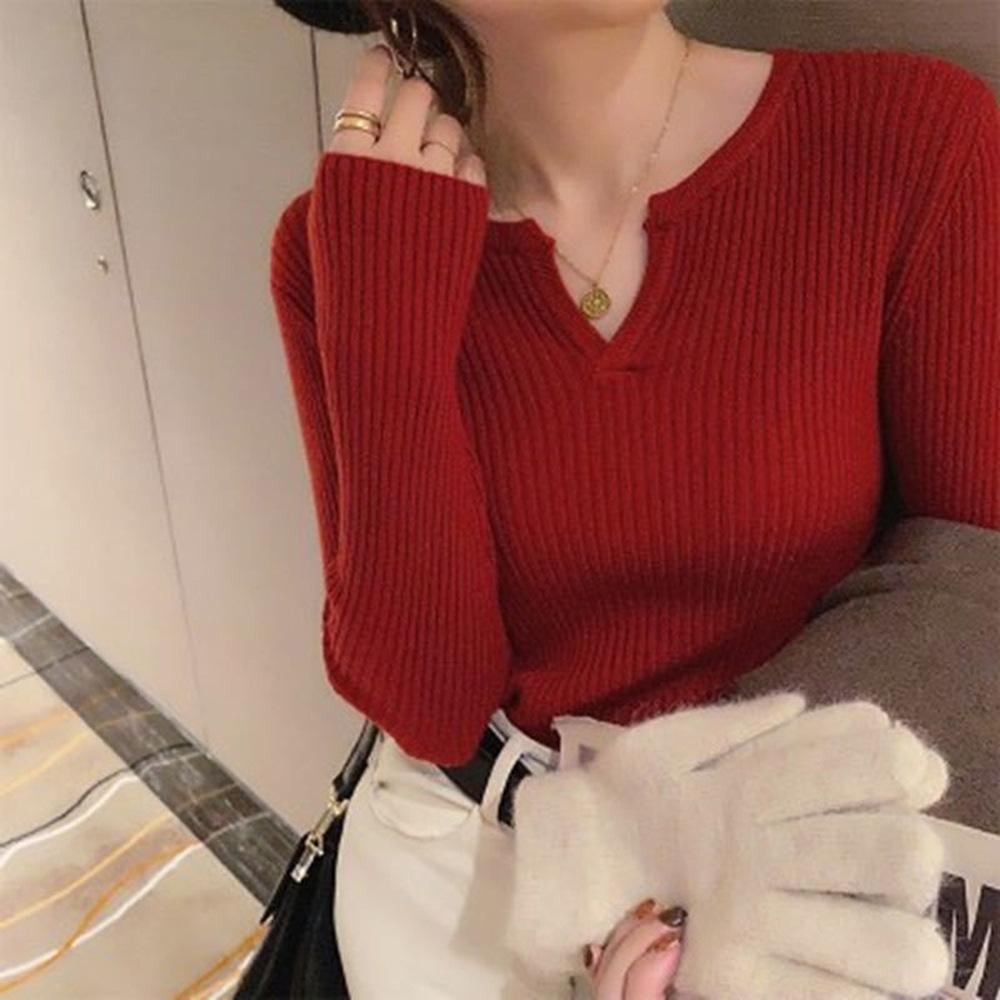 Весенне-осенний женский трикотаж с V-образным вырезом и длинным рукавом