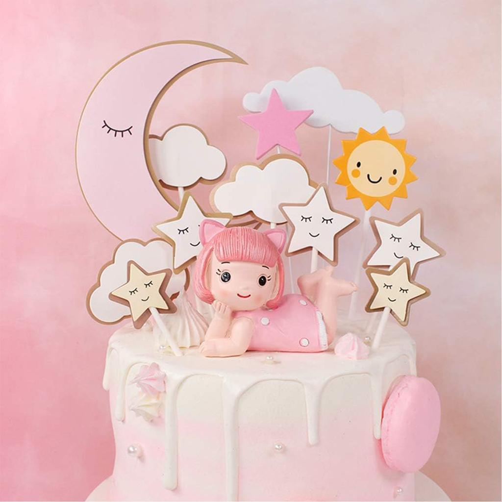 18Pcs Moon Star Cake Toppers Cloud Cupcake Picks Paper Baking Decoration for Baby Shower  Gender Reveal Birthday Wedding Party