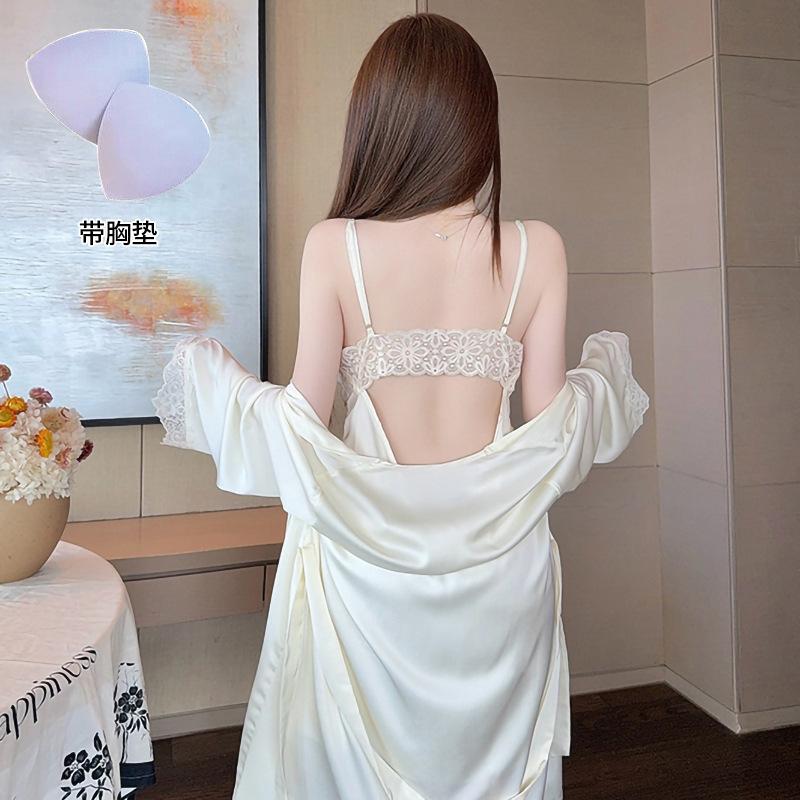 Ice and snow silk hanging skirt (with chest pad) women's pajamas, sexy thin suspender skirt, nightgown, two-piece set of pure desire